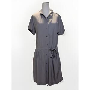 IKKS Dress Womens Medium Gray Short Sleeve Button Front Shirt Tie Waist Casual